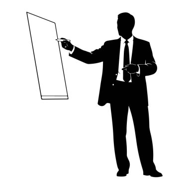 Takım elbiseli ve kravatlı bir adamın siyah silueti sağda duruyor, soldaki boş beyaz tahtayı işaret ediyor. Tahta hafifçe eğilmiş. Adamın duruşu bir şey sunduğunu ya da açıkladığını gösteriyor..