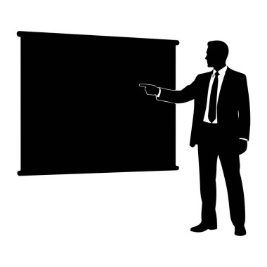 Takım elbiseli ve kravatlı bir adamın siyah silueti büyük, karanlık bir ekranın sağında duruyor. İşaret parmağıyla ekranı işaret ediyor, sanki bilgi veriyor ya da açıklıyormuş gibi. Arkaplan düz beyaz.