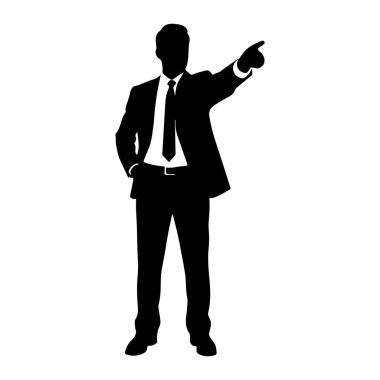 Takım elbiseli ve kravatlı bir adamın siyah silueti sağ kolu açık ve işaret parmağı sağa dönük bir şekilde öne bakıyor. Sol eli cebinde duruyor. Şekil beyaz bir arkaplanda izole edilmiştir..