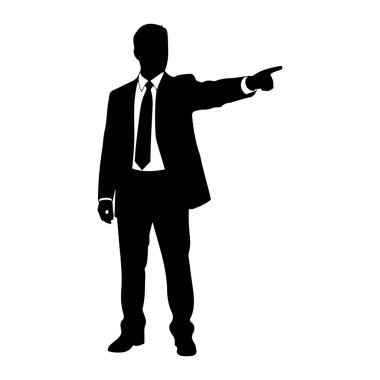 Resmi bir takım elbise ve kravat takmış siyah bir adam silueti öne bakıyor. Sağ kolu uzamış ve işaret parmağı da sağı gösteriyor. Arka plan bembeyaz..