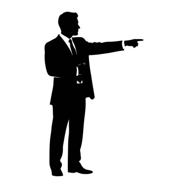 Takım elbiseli ve kravatlı bir adamın siyah silueti, sağ işaret parmağını öne doğru kaldırarak resmedilmiştir. Şekil beyaz bir arkaplanda izole edilmiştir..