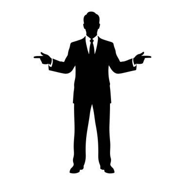 Takım elbise giyen ve kravat takan bir adamın siyah silueti beyaz arka planda duruyor. Kolları dışa doğru uzanıyor ve işaret parmakları zıt yönleri işaret ediyor..