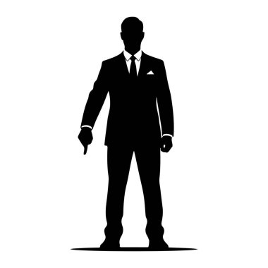 Siyah bir siluet, resmi bir takım elbise, kravat ve cep mendili takmış bir adam. Sol kolu aşağıya doğru uzanıyor ve işaret parmağı doğrudan yere bakıyor. Şekil beyaz bir arkaplanda izole edilmiştir..