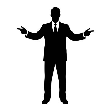 Takım elbiseli ve kravatlı bir adamın siyah silueti, işaret parmaklarıyla iki farklı yönü işaret ederek kolları açık durur. Şekil beyaz bir arkaplanda izole edilmiştir..