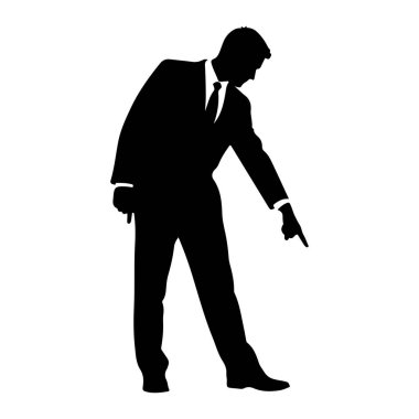 Beyaz arka planda takım elbise ve kravat takan bir adamın siyah silueti tasvir edilir. Öne eğiliyor ve işaret parmağını aşağı işaret ediyor. Şekil izole edilmiş ve temiz, grafik bir şekilde sunulmuştur..