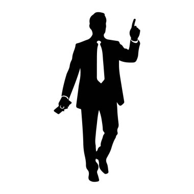 Beyaz arka planda takım elbiseli ve kravatlı bir adamın siyah silueti tasvir edilir. Yürüyor ve sol elinde bir cep telefonu tutuyor. Sağ işaret parmağı yukarı doğru işaret ediyor. Görüntü temiz, grafik bir gösterim..