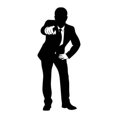 Takım elbiseli ve kravatlı bir adamın siyah silueti, sağ eliyle doğrudan izleyiciyi işaret ederek öne bakıyor. Sol eli kalçasındaydı. Arkaplan düz beyaz.