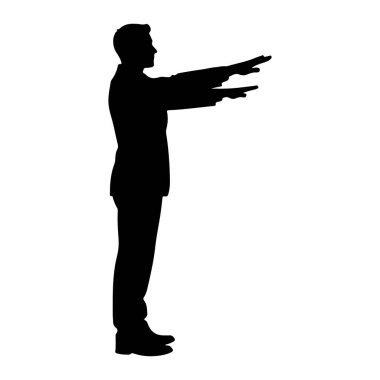 Takım elbiseli bir adamın siyah silueti profilde duruyor, sağa bakıyor. Kolları öne doğru uzanıyor, her iki işaret parmağı da tam önünü gösteriyor. Arka plan bembeyaz..
