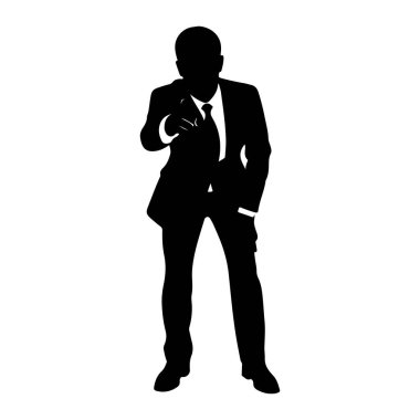 Siyah silueti olan bir adam öne bakıyor. O resmi bir takım elbise ve kravat takıyor. Sağ kolu öne doğru uzanıyor ve işaret parmağı doğrudan izleyiciyi gösteriyor. Sol eli cebinde duruyor. Siluet beyaz bir gölgede izole edilmiş.