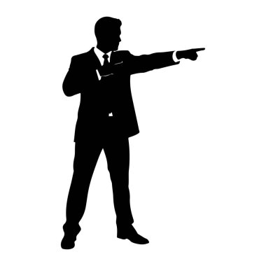 Takım elbiseli ve kravatlı bir adamın siyah silueti sağ kolu açık ve işaret parmağı önde duruyor. Çerçevenin soluna bakıyor. Siluet beyaz bir arkaplanda izole edilmiş..