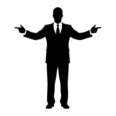 Takım elbiseli ve kravatlı bir adamın siyah silueti kolları açık, her iki eliyle zıt yönleri işaret ediyor. Şekil beyaz bir arkaplanda izole edilmiştir..
