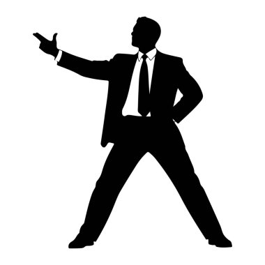 Beyaz arka planda takım elbiseli ve kravatlı bir adamın siyah silueti tasvir edilir. Bacakları ayrık duruyor, bir eli kalçasında, diğeri de işaret parmağıyla öne doğru uzanıyor. Şekil keskin bir şekilde tanımlanmış, vurgulanıyor.