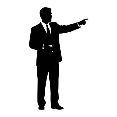 Takım elbiseli ve kravatlı bir adamın siyah silueti belden yukarısına, sağa dönük ve işaret parmağını şu yöne doğru gösteriyor. O, sol elinde küçük bir nesne tutuyor. Arkaplan beyaz.