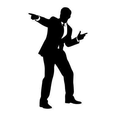 Beyaz arka planda takım elbiseli ve kravatlı bir adamın siyah silueti tasvir edilir. Dinamik bir pozisyonda, vücudu açılı ve iki kolu da açık. Sağ kolu dirsekten bükülmüş, işaret parmağı öne ve hafifçe yukarı bakıyor.