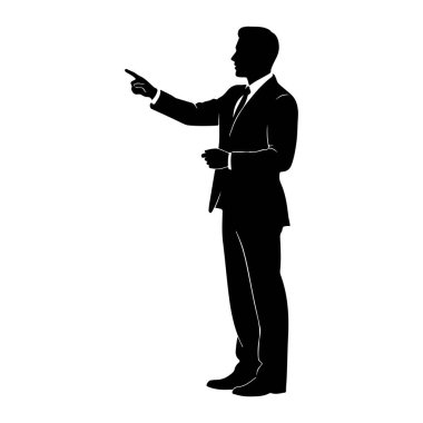 Resmi takım elbiseli ve kravatlı bir adamın siyah silueti sağ kolu açık ve işaret parmağı öne doğru uzanmış bir şekilde sola dönük duruyor. Onun sol eli onun yanında tutulur. Şekil beyaz bir arkaplanda izole edilmiştir..