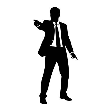 Takım elbise giyen ve kravat takan bir adamın siyah silueti beyaz arka planda duruyor. Her iki işaret parmağıyla işaret ediyor, biri izleyicinin soluna ve diğeri de izleyicinin sağına, sanki yön veriyor ya da bir açıklama yapıyor gibi. Şey...