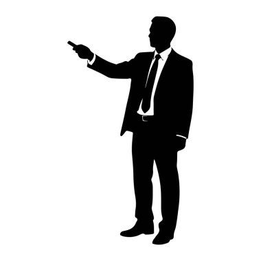 Takım elbiseli ve kravatlı bir adamın siyah bir silueti sağ kolu açık ve işaret parmağı öne doğru uzanmış olarak sola dönük duruyor. Şekil beyaz bir arkaplanda izole edilmiştir..