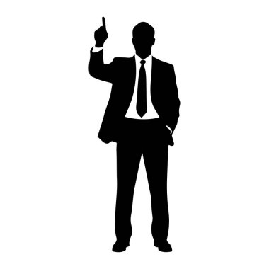 Takım elbiseli ve kravatlı bir adamın siyah silueti beyaz arka planda duruyor. Sağ kolu yukarıda, işaret parmağı yukarı doğru işaret ediyor. Sol eli cebinde duruyor. Bu figür tepeden tırnağa tasvir edilir..