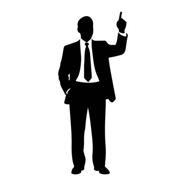 Siyah bir siluet beyaz bir arkaplanda duruyor. Resmi bir takım elbise ve kravat takıyor ve bir eli cebinde diğeri de işaret parmağıyla yukarı bakıyor. Şekil temiz ve grafik bir şekilde resmedilmiş..