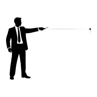 Takım elbiseli ve kravatlı siyah bir adam silueti sola dönük duruyor, elinde ince bir sopa var. Çubuk çerçevenin sağ tarafında bir hedef veya odak noktası gibi görünen küçük ve soyut bir şekle işaret ediyor. Arkaplan