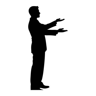 Takım elbiseli bir adamın siyah silueti başı profilde sola dönük duruyor. Kolları ileri doğru uzanıyor, elleri açık ve avuçları yukarı bakıyor, sanki bir şey sunuyor ya da sunuyormuş gibi. Siluet beyaz bir arkaplanda izole edilmiş..
