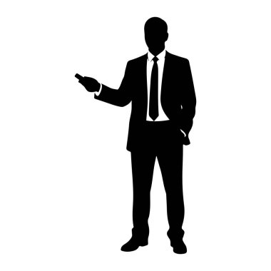 Siyah bir siluet, üzerinde takım elbise, gömlek ve kravat olan bir adam. O, uzanmış sol elinde küçük bir nesne tutuyor ve sağ eli cebinde. Arkaplan beyaz.