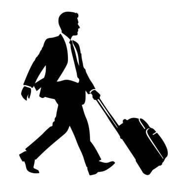 Takım elbiseli, kravatlı ve gömlekli bir adamın siyah silueti tekerlekli bir bavulu çekerken yürürken resmedilir. Şekil, bir bacağı ileri, diğeriyse geri uzanan ve hareket hissi veren profil şeklinde gösteriliyor. Çanta. 