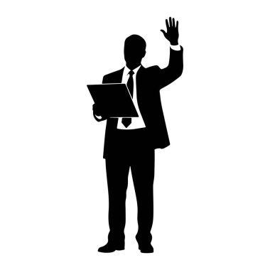 Siyah bir siluet beyaz bir arkaplanda duruyor. Takım elbise, gömlek ve kravat giyiyor. Sol elinde bir belge ya da klasör var. Sağ elini kaldırır, avuç içi öne bakar, parmakları açılır, selamlama jesti olarak.