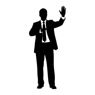 Takım elbise giyen ve kravat takan bir adamın silüeti sağ eli havada, avuç içi ileriye dönük bir şekilde selamlama ya da anons şeklinde duruyor. Şekil beyaz bir arkaplanda izole edilmiştir..