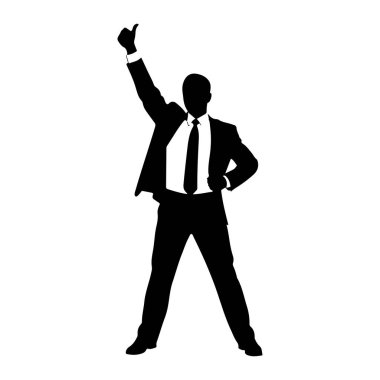 Takım elbiseli ve kravatlı bir adamın siyah silueti bir kolu havada ve başparmağı havada duruyor. Bu da başarı ya da onay göstergesidir. Diğer eli kalçasındaydı. Şekil beyaz bir arkaplanda izole edilmiştir..