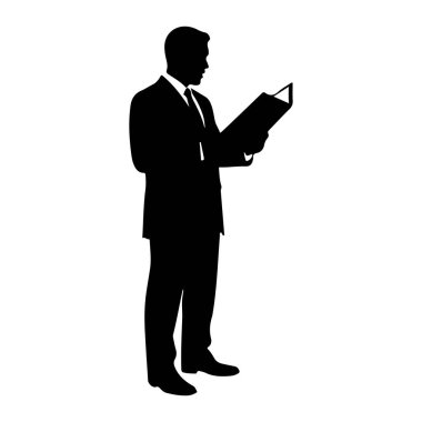 Ayakta duran ve açık bir kitap okuyan bir adamın siyah silueti. O bir takım elbise, gömlek ve kravat giyiyor. Arkaplan düz beyaz.