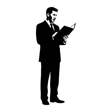 Takım elbiseli bir adamın siyah silueti açık bir kitaptan ayakta duruyor ve okuyor. O bir ceket, gömlek, kravat ve pantolon giyiyor. Resim beyaz bir arkaplanda izole edilmiştir.
