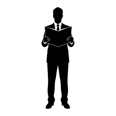 Elinde açık bir kitapla ayakta duran bir adamın siyah silueti. O, kravat ve gömlekli bir takım elbise giyiyor. Görüntü, beyaz bir arkaplanda basit ve temiz bir resimdir..
