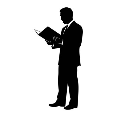 Takım elbiseli ve kravatlı bir adamın siyah silueti sola dönük duruyor, açık bir kitap tutuyor ve okuyor gibi görünüyor. Sağ elini kaldırdı ve kitabın sayfalarına dokundu. Arkaplan beyaz.