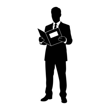 Siyah bir siluet, takım elbiseli ve kravatlı bir adam öne bakıyor. Elinde açık bir klasör ya da belge tutuyor, okuyor gibi görünüyor. Arkaplan düz beyaz.