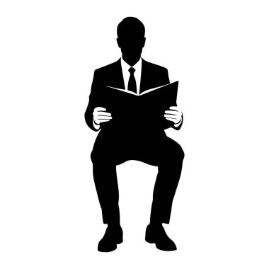 Takım elbiseli ve kravatlı bir adamın siyah silueti oturuyor ve açık bir kitap tutuyor. Şekil beyaz bir arkaplanda izole edilmiştir..