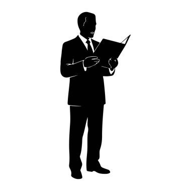 Takım elbiseli ve kravatlı bir adamın siyah silueti açık bir belge tutuyor. Belgenin içeriğini okuyor ya da inceliyor gibi görünüyor. Görüntü, arkaplan ayrıntıları olmayan basit, grafik bir gösterimdir.