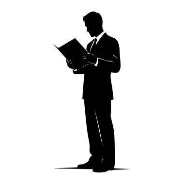 Takım elbiseli ve kravatlı bir adamın siyah silueti açık bir belge ya da klasörü tutarken ve okurken duruyor. Bu figür beyaz bir arkaplana karşı profil olarak resmedilir.