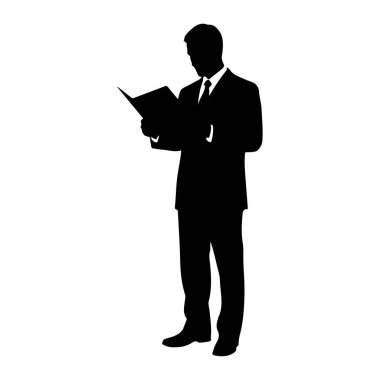 Ayakta duran ve belge okuyan bir adamın siyah silueti. O bir takım elbise ve kravat takıyor. Arka plan bembeyaz..