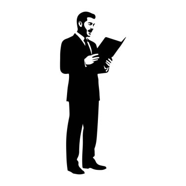 Takım elbiseli bir adamın siyah silueti elinde açık bir klasör tutarak sola dönük duruyor. O, sanki konuşur ya da şarkı söyler gibi ağzı açık klasöre bakıyor. Arkaplan beyaz.