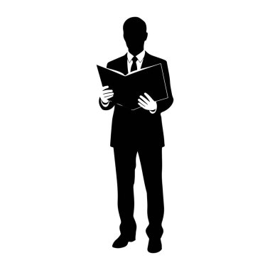 Siyah bir siluet bir adam öne bakıyor, takım elbise, gömlek ve kravat giyiyor. Elinde açık bir kitap tutuyor ve onu okuyor gibi görünüyor. Arkaplan düz beyaz.