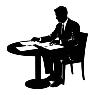 Takım elbiseli ve kravatlı bir adamın siyah silueti yuvarlak bir masada oturuyor, elleri birkaç belgenin üzerinde dinleniyor. Sağa bakıyor, inceleme yapıyor ya da gazetelerle çalışıyor gibi görünüyor. Görüntü, beyaz sırtlı, temiz ve grafik bir resimdir.