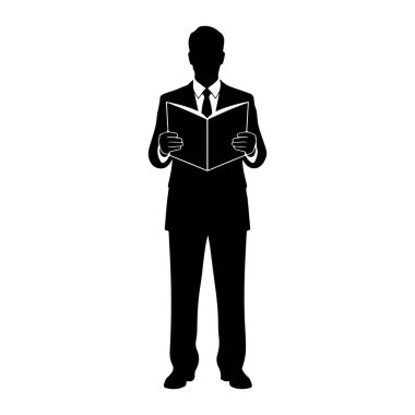 Elinde açık bir kitapla ayakta duran bir adamın siyah silueti. O, kravat ve gömlekli bir takım elbise giyiyor. Arkaplan beyaz.