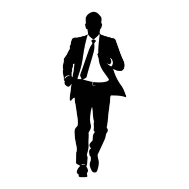 Beyaz arka planda ilerleyen takım elbiseli ve kravatlı bir adamın siyah silueti tasvir ediliyor. Şekil hareket halinde, bacakları hareket halinde ve kolları bükülmüş. Takım elbise ceketi açık, beyaz bir gömlek ve siyah bir kravat gösteriyor. Görüntü... 