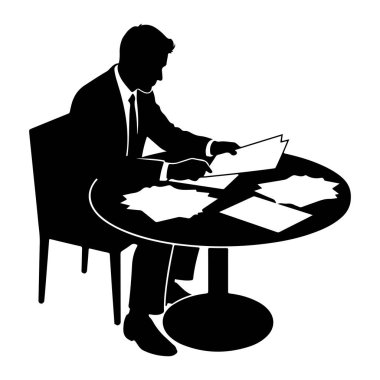 Takım elbiseli ve kravatlı bir adamın siyah silueti yuvarlak bir masada oturmaktadır. Kağıtlar masanın her tarafına dağılmış durumda ve adam elinde tutuyor ve bazılarına bakıyor. O bir sandalyede oturuyor, ve resim bir w karşı temiz, grafik bir illüstrasyon