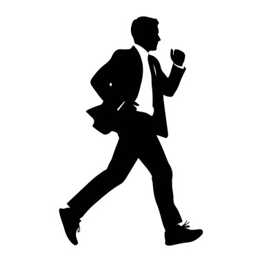 Takım elbiseli bir adamın siyah bir silueti ileri doğru koşarken orta basamakta yakalanır. O bir ceket, gömlek, kravat ve ayakkabı giyiyor. Görüntü, dinamik duruşu ve figürün hareketini vurgulayan beyaz bir arkaplanda izole edilmiştir..
