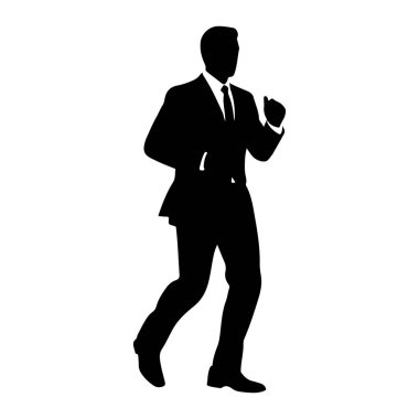 Takım elbiseli ve kravatlı bir adamın siyah silueti hareket halinde, koşuyor gibi ya da dinamik bir adımda tasvir edilir. Şekil ve eylemi vurgulayarak, düz beyaz bir arkaplan üzerinde izole edilir. Ceket, pantolon, gömlek ve kravat.