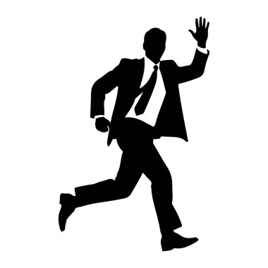 Takım elbiseli ve kravatlı bir adamın siyah silueti hareket halinde tasvir edilir. Sol kolu dirsekten bükülmüş ve sağ kolu el sallıyormuş gibi açık bir şekilde kaldırılmış. Şekil, düz beyaz bir arkaplanda izole edilmiştir..