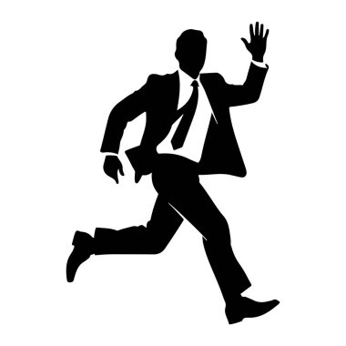 Takım elbiseli ve kravatlı bir adamın siyah silueti hareket halinde tasvir edilir. Sağ kolunu kaldırdı ve el sallıyormuş gibi elini açtı. Resim, beyaz arkaplanda bir grafik çizimi..