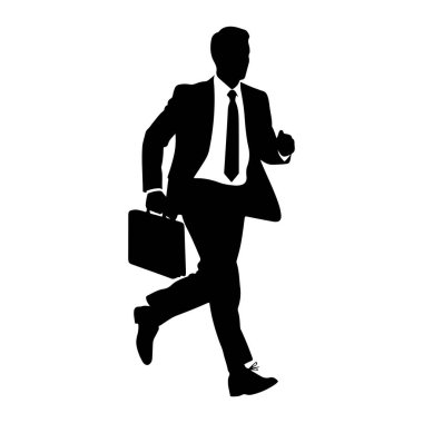 Takım elbiseli ve kravatlı bir adamın siyah silueti bir evrak çantasıyla hareket halinde tasvir edilir. Şekil yandan gösteriliyor, bir bacağı öne doğru uzanıyor, diğeri de arkaya doğru uzanıyor, bu da hızlı hareket olduğunu gösteriyor. Takım elbise ceketi açık ve...